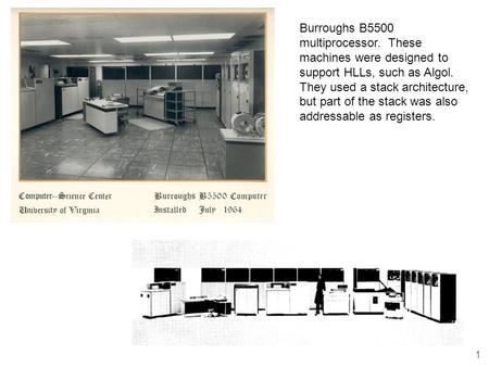 1 Burroughs B5500 multiprocessor. These machines were designed to support HLLs, such as Algol. They used a stack architecture, but part of the stack was.