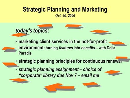 Strategic Planning and Marketing Oct. 30, 2006 today’s topics: marketing client services in the not-for-profit environment : turning features into benefits.