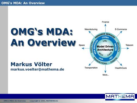 OMG‘s MDA: An Overview copyright © 2001, MATHEMA AG OMG‘s MDA: An Overview OMG‘s MDA: An Overview Markus Völter