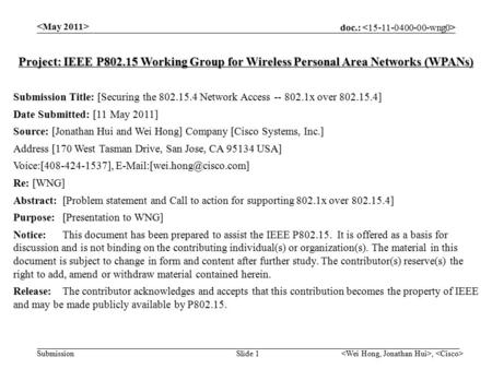 Doc.: Submission, Slide 1 Project: IEEE P802.15 Working Group for Wireless Personal Area Networks (WPANs) Submission Title: [Securing the 802.15.4 Network.