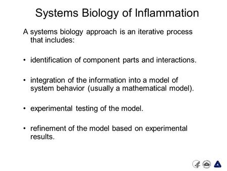 Systems Biology of Inflammation A systems biology approach is an iterative process that includes: identification of component parts and interactions. integration.