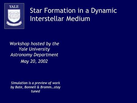 Star Formation in a Dynamic Interstellar Medium Workshop hosted by the Yale University Astronomy Department May 20, 2002 Simulation is a preview of work.