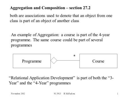 November 200291.3913 R McFadyen1 Aggregation and Composition – section 27.2 both are associations used to denote that an object from one class is part.