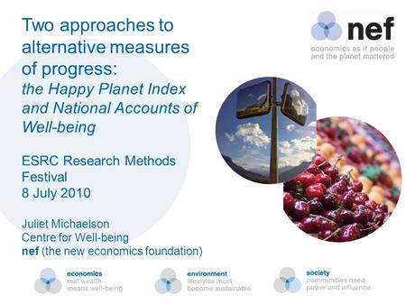 Two approaches to alternative measures of progress: the Happy Planet Index and National Accounts of Well-being ESRC Research Methods Festival 8 July 2010.