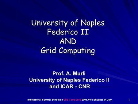1 University of Naples Federico II AND Grid Computing International Summer School on Grid Computing 2003, Vico Equense 14 July Prof. A. Murli University.