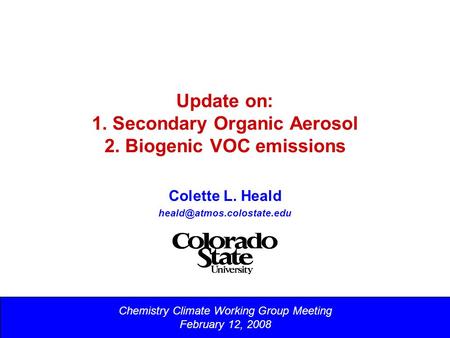 Update on: 1. Secondary Organic Aerosol 2. Biogenic VOC emissions Colette L. Heald Chemistry Climate Working Group Meeting February.