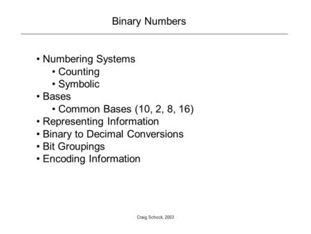 Craig Schock, 2003 Binary Numbers Numbering Systems Counting Symbolic Bases Common Bases (10, 2, 8, 16) Representing Information Binary to Decimal Conversions.
