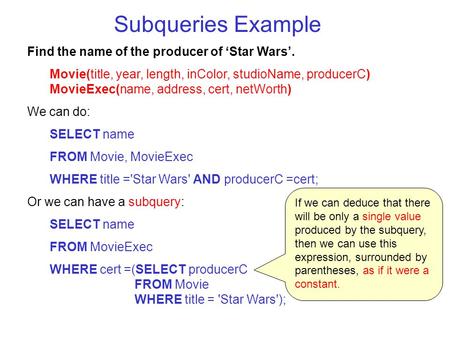 Subqueries Example Find the name of the producer of ‘Star Wars’.
