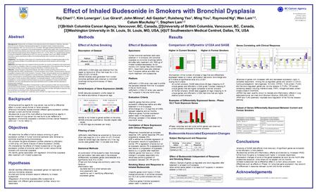 Effect of Inhaled Budesonide in Smokers with Bronchial Dysplasia BC Cancer Research Centre 675 West 10 th Avenue Vancouver BC, V5Z 1L3 ph:604-675-8000.