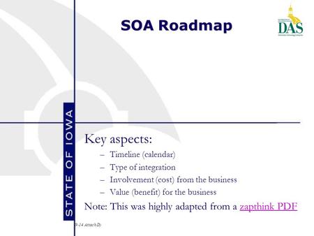 (9-14 Attach D) SOA Roadmap Key aspects: –Timeline (calendar) –Type of integration –Involvement (cost) from the business –Value (benefit) for the business.