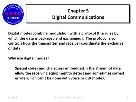 Chapter 5 Digital Communications 6/3/20151Technician - 1 Jul 10 - 30 Jun 14 Digital modes combine modulation with a protocol (the rules by which the data.