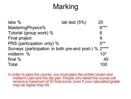 Marking labs % lab test (5%) 20 MasteringPhysics%6*** Tutorial (group work) %6 Final project 6 PRS (participation only) %5** Surveys (participation in.