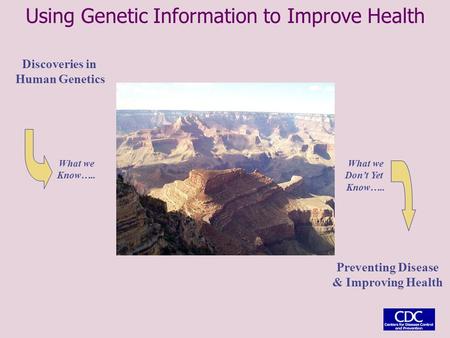 Discoveries in Human Genetics Preventing Disease & Improving Health What we Know….. What we Don’t Yet Know….. Using Genetic Information to Improve Health.