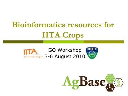 Bioinformatics resources for IITA Crops GO Workshop 3-6 August 2010.