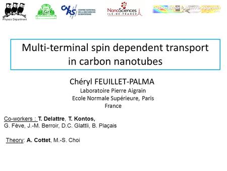 Multi-terminal spin dependent transport in carbon nanotubes Chéryl FEUILLET-PALMA Laboratoire Pierre Aigrain Ecole Normale Supérieure, Paris France Co-workers.