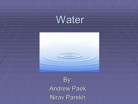 WaterBy: Andrew Paek Nirav Parekh. Background  Water is an essential part of our well being  We use it for nourishment, cooking, cleansing, and many.