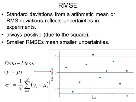RMSE Standard deviations from a arithmetic mean or RMS deviations reflects uncertainties in experiments. always positive (due to the square). Smaller RMSEs.