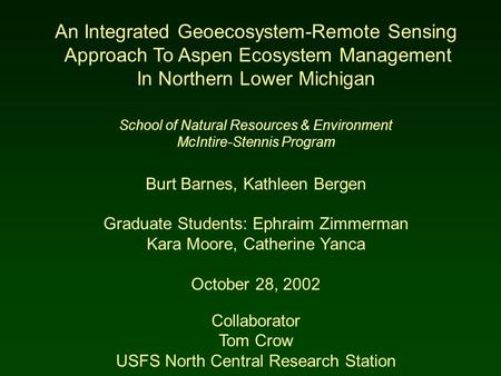 An Integrated Geoecosystem-Remote Sensing Approach To Aspen Ecosystem Management In Northern Lower Michigan School of Natural Resources & Environment McIntire-Stennis.