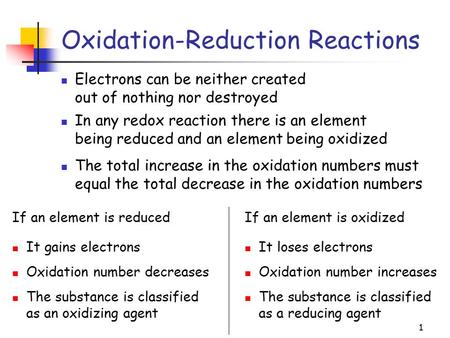 1 Oxidation-Reduction Reactions Electrons can be neither created out of nothing nor destroyed If an element is reduced It gains electrons Oxidation number.