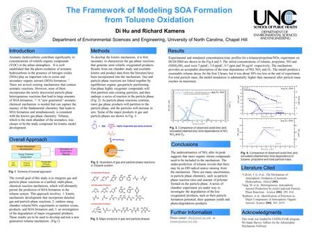 The Framework of Modeling SOA Formation from Toluene Oxidation Di Hu and Richard Kamens Department of Environmental Sciences and Engineering, University.
