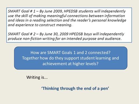 SMART Goal # 1 – By June 2009, HPEDSB students will independently use the skill of making meaningful connections between information and ideas in a reading.
