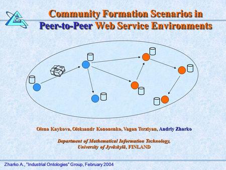 Zharko A., ”Industrial Ontologies” Group, February 2004 Community Formation Scenarios in Peer-to-Peer Web Service Environments Olena Kaykova, Oleksandr.