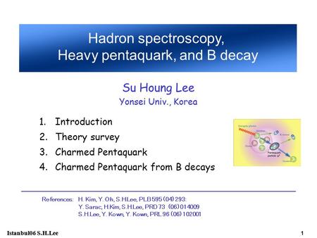 Istanbul06 S.H.Lee 1 1.Introduction 2.Theory survey 3.Charmed Pentaquark 4.Charmed Pentaquark from B decays Hadron spectroscopy, Heavy pentaquark, and.