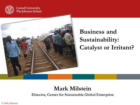 © 2008, Milstein Business and Sustainability: Catalyst or Irritant? Mark Milstein Director, Center for Sustainable Global Enterprise.