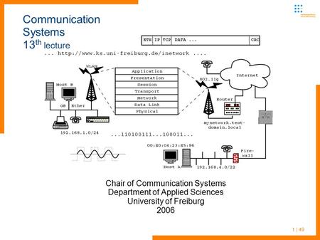 1 | 49 Communication Systems 13 th lecture Chair of Communication Systems Department of Applied Sciences University of Freiburg 2006.