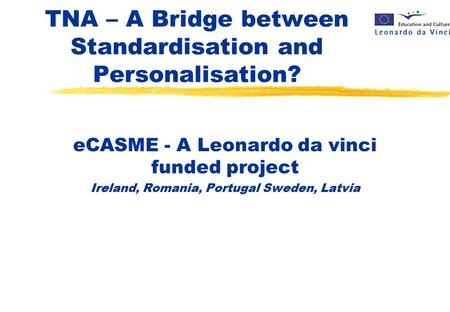 TNA – A Bridge between Standardisation and Personalisation? eCASME - A Leonardo da vinci funded project Ireland, Romania, Portugal Sweden, Latvia.