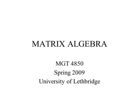 MATRIX ALGEBRA MGT 4850 Spring 2009 University of Lethbridge.