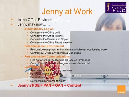 1 Jenny at Work  In the Office Environment……….  Jenny may now……  Automatically Log on  Connect to the Office LAN  Connect to the Office Intranet 
