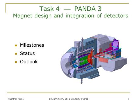 Guenther Rosner DIRACmidterm, GSI Darmstadt, 8/12/06 1 Task 4  PANDA 3 Magnet design and integration of detectors Milestones Status Outlook.