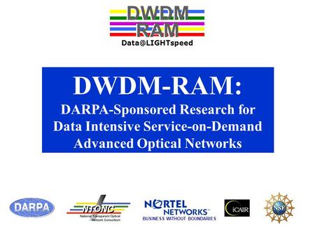 DWDM-RAM: DARPA-Sponsored Research for Data Intensive Service-on-Demand Advanced Optical Networks DWDM RAM DWDM RAM BUSINESS WITHOUT BOUNDARIES.