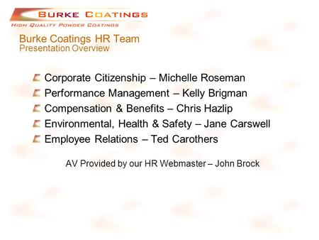 Burke Coatings HR Team Presentation Overview Corporate Citizenship – Michelle Roseman Performance Management – Kelly Brigman Compensation & Benefits –