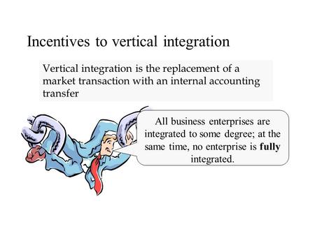 Incentives to vertical integration Vertical integration is the replacement of a market transaction with an internal accounting transfer All business enterprises.