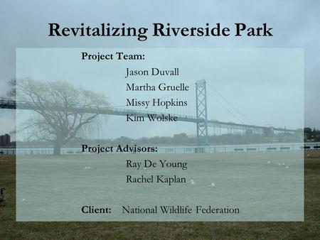 Revitalizing Riverside Park Project Team: Jason Duvall Martha Gruelle Missy Hopkins Kim Wolske Project Advisors: Ray De Young Rachel Kaplan Client: National.