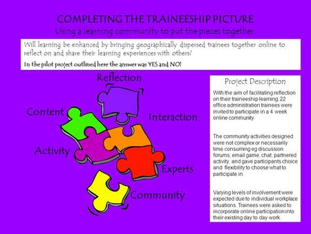 COMPLETING THE TRAINEESHIP PICTURE Using a learning community to put the pieces together. Reflection Content Activity Interaction Experts Community Project.