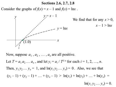 Consider the graphs of f(x) = x – 1 and f(x) = lnx. x y y = x – 1 y = lnx (1.0) Sections 2.6, 2.7, 2.8 We find that for any x > 0, x – 1 > lnx Now, suppose.
