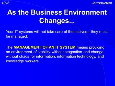 As the Business Environment Changes... Introduction Your IT systems will not take care of themselves - they must be managed. The MANAGEMENT OF AN IT SYSTEM.