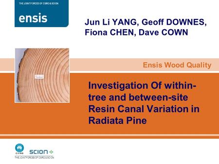 Ensis Wood Quality THE JOINT FORCES OF CSIRO & SCION Investigation Of within- tree and between-site Resin Canal Variation in Radiata Pine Jun Li YANG,