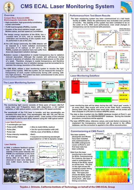 CMS ECAL Laser Monitoring System Toyoko J. Orimoto, California Institute of Technology, on behalf of the CMS ECAL Group High-resolution, high-granularity.