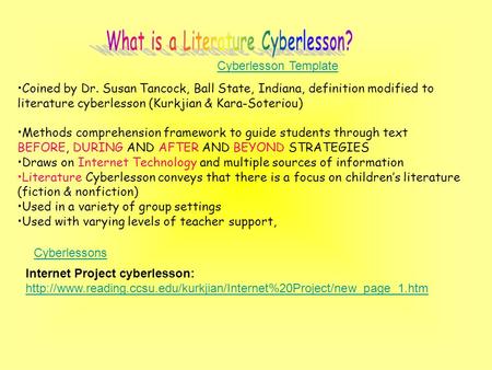 Coined by Dr. Susan Tancock, Ball State, Indiana, definition modified to literature cyberlesson (Kurkjian & Kara-Soteriou) Methods comprehension framework.