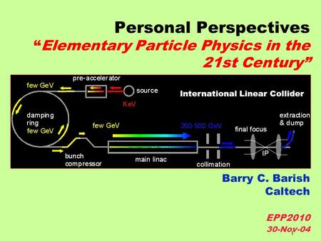 1 Personal Perspectives “Elementary Particle Physics in the 21st Century” Barry C. Barish Caltech EPP2010 30-Nov-04 International Linear Collider.