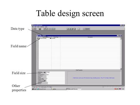 Table design screen Field name Data type Field size Other properties.
