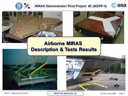 MIRAS Demonstrator Pilot Project #3 (MDPP-3) SMOS SAG Meeting No. 20 2-3 November 2006Slide 1 ESAC - Villafranca del Castillo Airborne MIRAS Description.