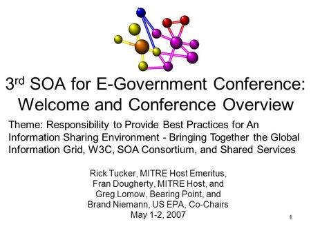 1 3 rd SOA for E-Government Conference: Welcome and Conference Overview Rick Tucker, MITRE Host Emeritus, Fran Dougherty, MITRE Host, and Greg Lomow, Bearing.