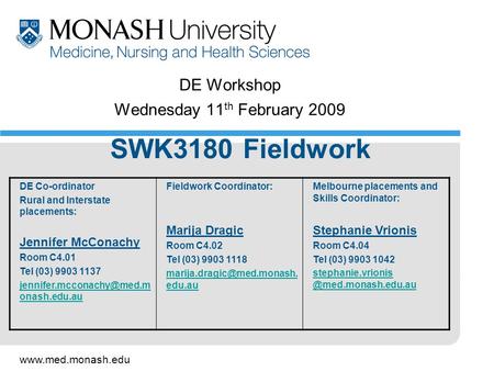 Www.med.monash.edu DE Workshop Wednesday 11 th February 2009 SWK3180 Fieldwork DE Co-ordinator Rural and Interstate placements: Jennifer McConachy Room.