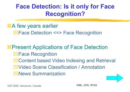 ICIP 2000, Vancouver, Canada IVML, ECE, NTUA Face Detection: Is it only for Face Recognition?  A few years earlier  Face Detection Face Recognition 