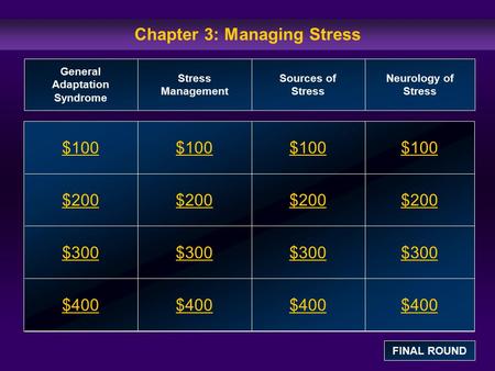Chapter 3: Managing Stress $100 $200 $300 $400 $100$100$100 $200 $300 $400 General Adaptation Syndrome Stress Management Sources of Stress Neurology of.